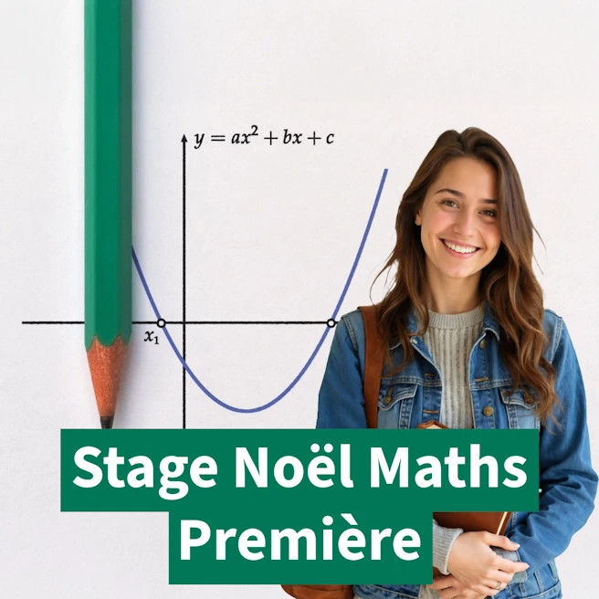 Stage Noël Maths Première – Révisions et préparation Bac 2026 | Ipécom Paris Élève souriante devant une courbe parabolique et un crayon vert, visuel du stage de Noël en mathématiques pour les élèves de Première à Ipécom Paris.