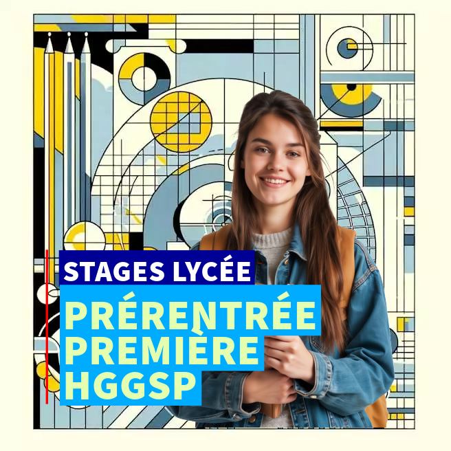Élève souriante participant au stage de prérentrée HGGSP en Première à Ipécom Paris, sur fond graphique de cartes et de concepts géopolitiques.