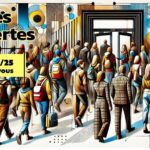Une foule de visiteurs, sacs sur le dos ou tenues professionnelles, se dirige vers une large entrée ouverte dans un décor coloré et moderne. Cette illustration évoque l’accueil chaleureux et l’esprit d’ouverture d’Ipécom Paris.