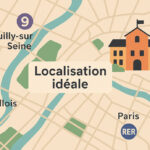 Carte stylisée montrant la localisation de l’école Ipécom Paris entre Paris 16e et Neuilly-sur-Seine