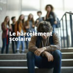 Un élève assis seul sur des marches, la tête baissée, visiblement en détresse, tandis qu’un groupe d’adolescents se moque de lui à l’arrière-plan. Texte en surimpression : « Le harcèlement scolaire ».