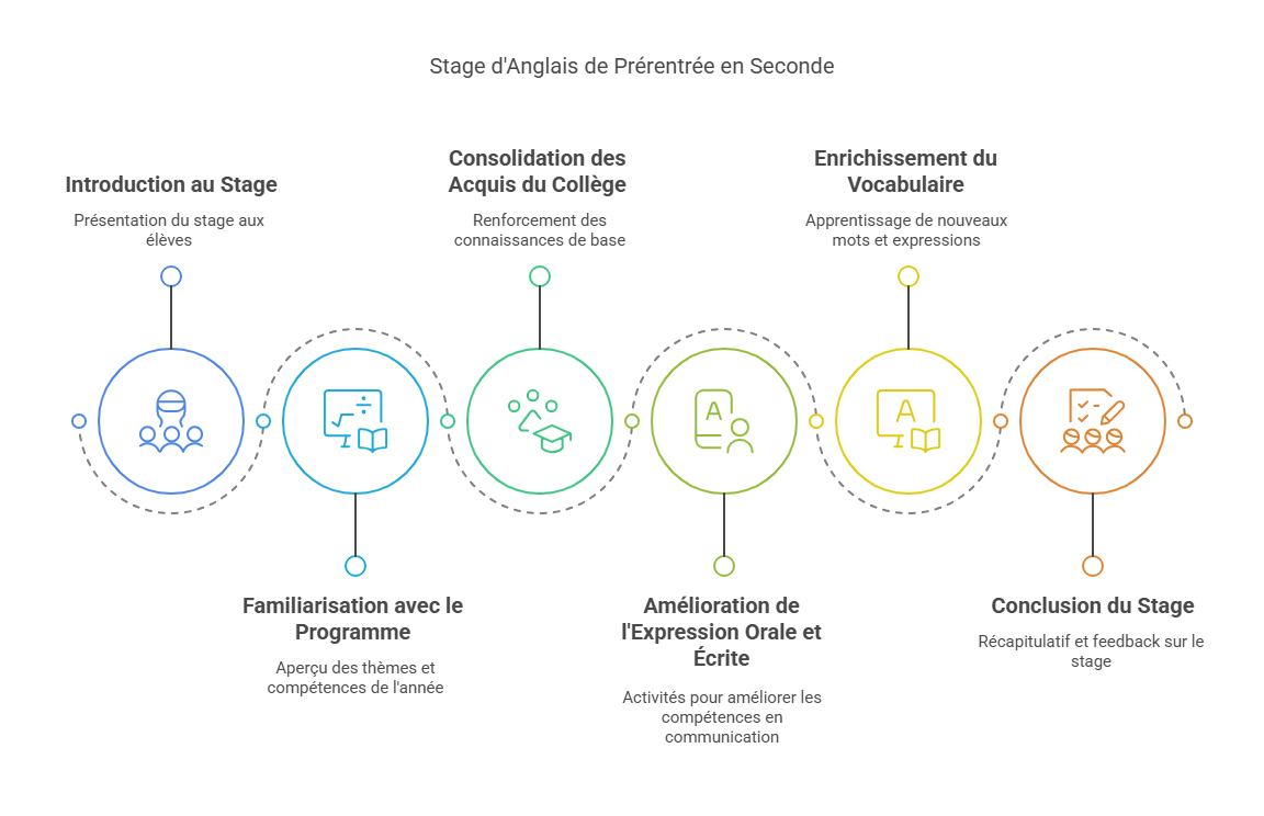 Étapes du stage de prérentrée en anglais Seconde : introduction, consolidation des acquis du collège, enrichissement du vocabulaire, expression orale et écrite, familiarisation avec le programme, conclusion