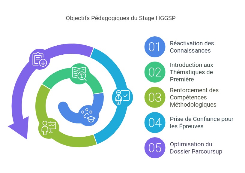 Graphique illustrant les objectifs du stage de prérentrée HGGSP à Ipécom Paris : réactivation des connaissances, introduction aux thématiques de Première, renforcement des compétences méthodologiques, prise de confiance pour les épreuves, et optimisation du dossier Parcoursup.