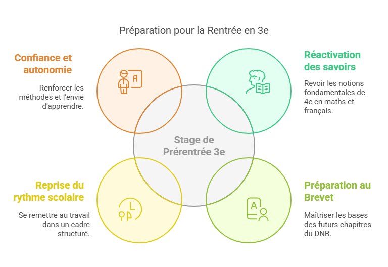 Objectifs du stage de prérentrée Troisième : réactivation des savoirs, préparation au brevet, reprise du rythme scolaire, confiance et autonomie
