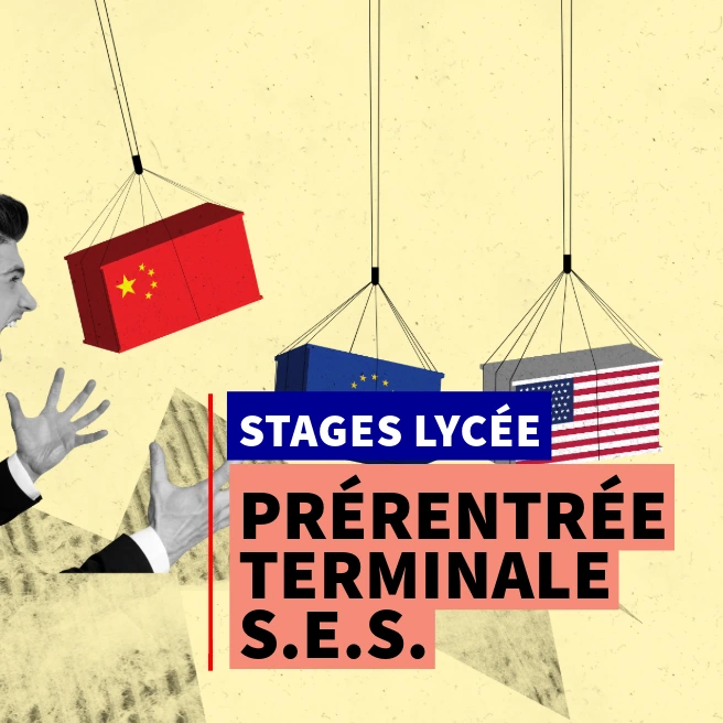 Illustration du stage de prérentrée SES en Terminale à Ipécom Paris : un élève réagit face à des conteneurs représentant la Chine, l’Union européenne et les États-Unis, symbolisant les enjeux économiques mondiaux.