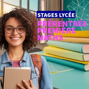 Élève souriante participant au stage de prérentrée en Première Maths à Ipécom Paris, avec livres et formules de mathématiques en arrière-plan.