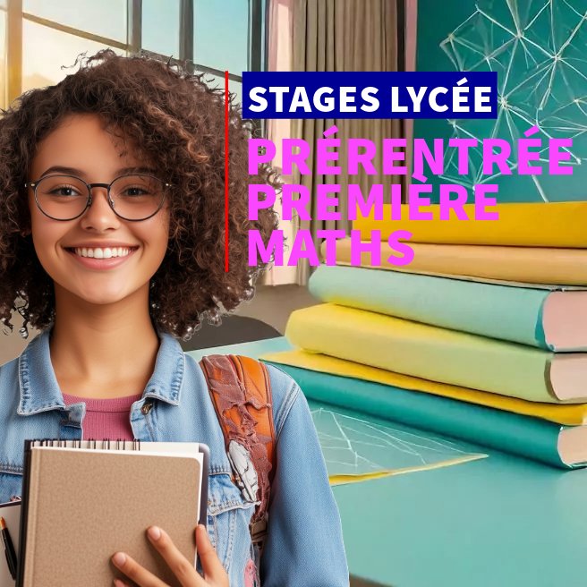Élève souriante participant au stage de prérentrée en Première Maths à Ipécom Paris, avec livres et formules de mathématiques en arrière-plan.