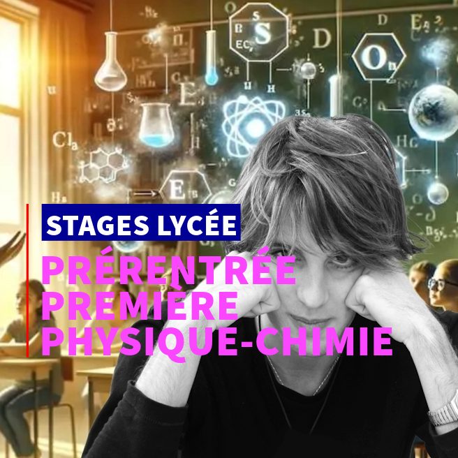 Lycéen en réflexion en classe de sciences, entouré de formules chimiques et d’élèves, symbolisant le défi et la réussite en physique-chimie en Première.