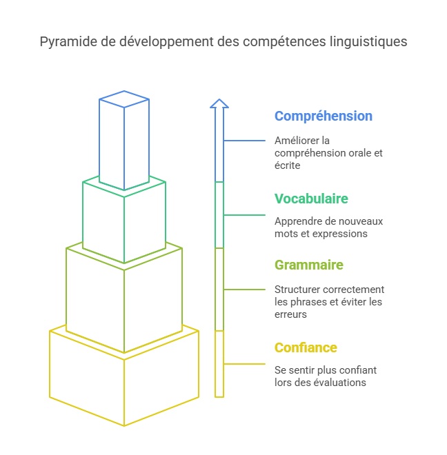 Développement des compétences linguistiques en anglais – Ipécom Paris Pyramide illustrant les étapes du développement des compétences linguistiques en anglais : confiance, grammaire, vocabulaire, compréhension.