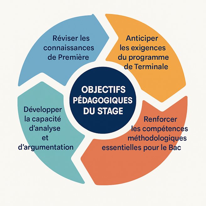 Infographie illustrant les objectifs pédagogiques du stage de prérentrée HGGSP Terminale : révision des connaissances de Première, anticipation du programme de Terminale, renforcement des compétences méthodologiques pour le Bac, et développement de la capacité d'analyse et d'argumentation.