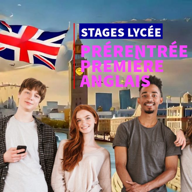 Élèves de lycée souriants participant au stage intensif d’anglais de prérentrée en Première à Ipécom Paris, devant un décor évoquant Londres.