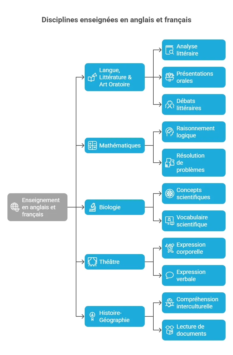 Schéma des matières bilingues au collège Ipécom Paris : littérature, mathématiques, biologie, théâtre, histoire-géographie, avec objectifs pédagogiques par discipline