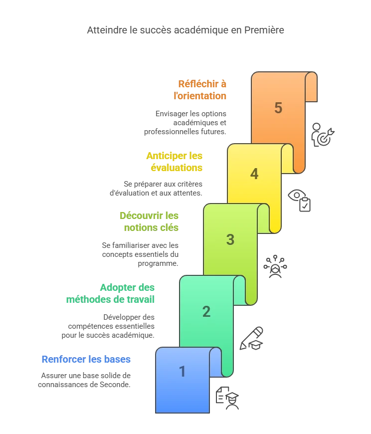 Les 5 objectifs d’une prérentrée réussie en Première – Ipécom Paris Infographie illustrant les 5 objectifs du stage de prérentrée en Première chez Ipécom Paris : consolider les bases, adopter une méthode, anticiper le programme, se préparer aux évaluations et penser à l’orientation.