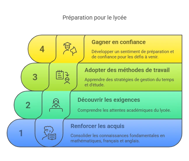 Les 4 objectifs clés de la préparation à la Seconde – Ipécom Paris Infographie présentant les 4 objectifs pédagogiques de la préparation à la Seconde : renforcer les acquis, découvrir les exigences du lycée, adopter une méthode de travail, gagner en confiance.