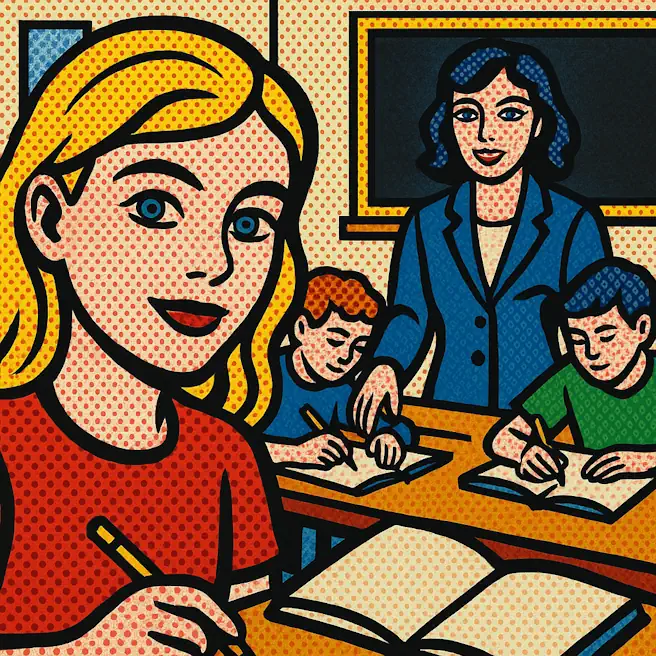 Illustration pop art d’un cours de tutorat en petit groupe au collège, avec une enseignante et trois élèves concentrés sur leurs exercices