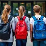 Trois élèves d'environ 13 ans avec leur sac à dos à la porte d'une école, symbolisant la prérentrée au collège