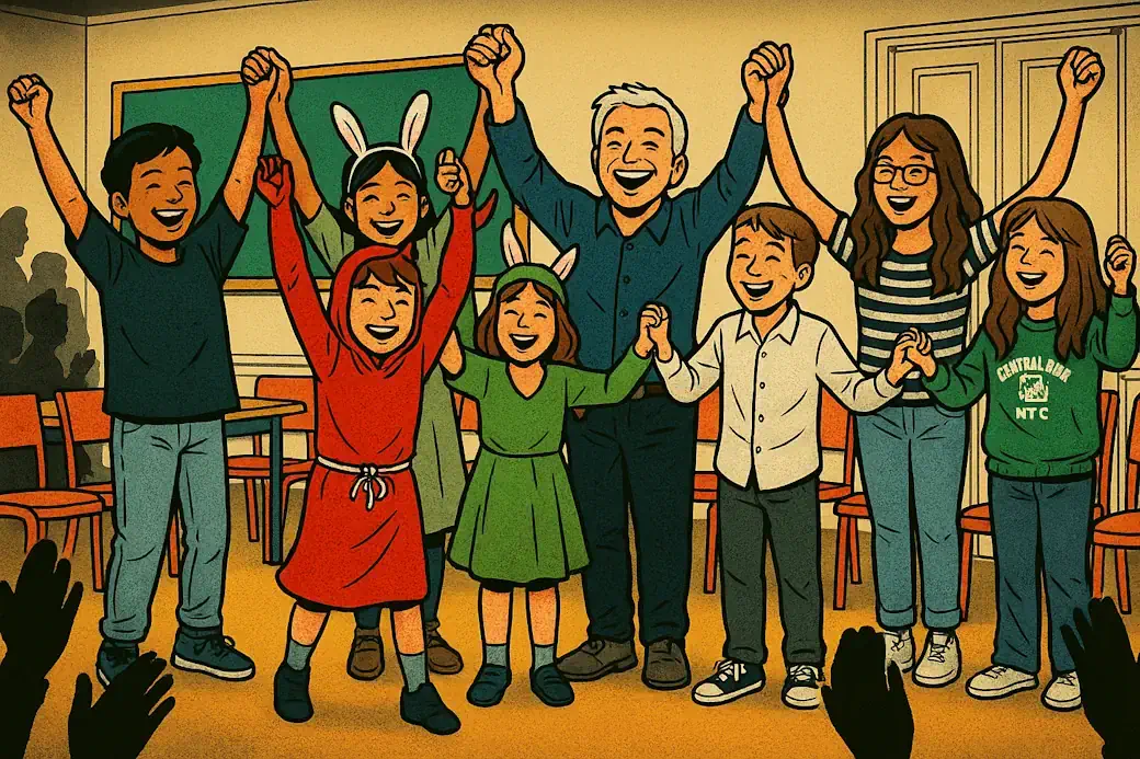Illustration de style bande dessinée représentant un atelier théâtre en anglais avec des élèves costumés et leur professeur levant les bras en signe de victoire.