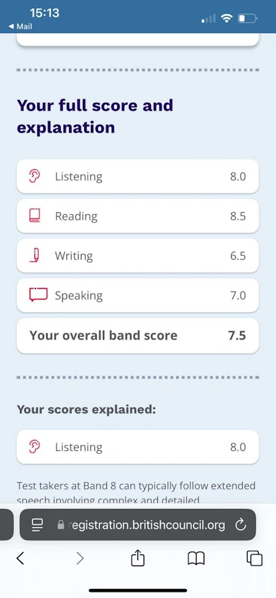 Résultat IELTS 2025 d’un élève Ipécom Paris – Score global 7.5 (Listening 8.0, Reading 8.5, Writing 6.5, Speaking 7.0)