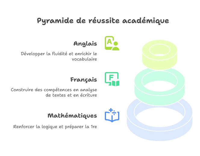Graphique illustrant les trois matières fondamentales à renforcer en Seconde : mathématiques, français et anglais – Ipécom Paris