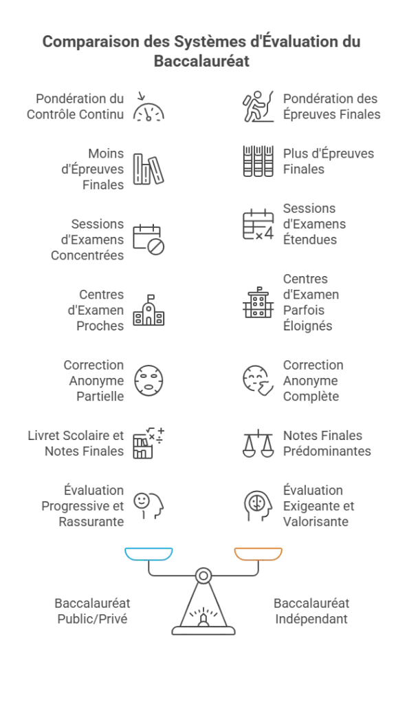 Infographie présentant la comparaison entre les épreuves du bac dans les lycées publics et privés sous contrat et celles des lycées indépendants, incluant contrôle continu, nombre d’épreuves, calendrier et organisation.