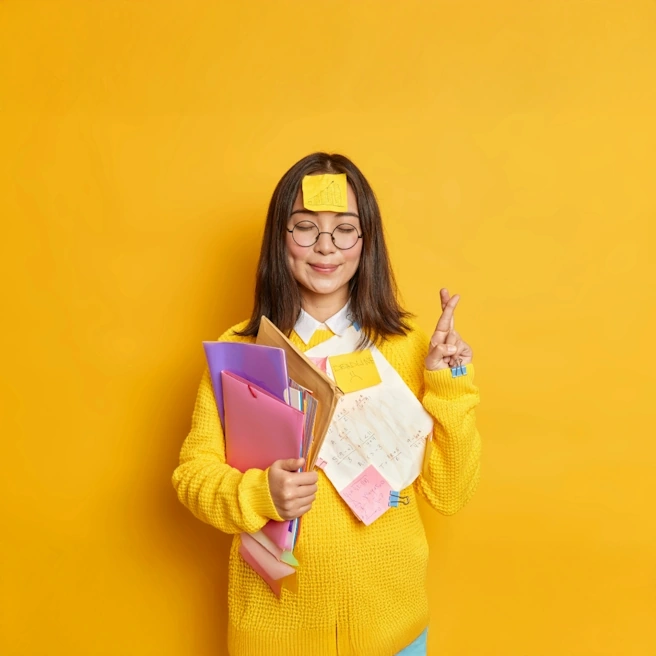 Jeune élève concentrée et confiante, tenant des dossiers scolaires, symbolisant la préparation des épreuves finales nationales du baccalauréat hors contrat