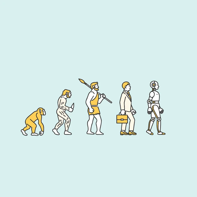 Illustration humoristique de l’évolution de l’homme, depuis le singe primitif jusqu’au robot du futur, montrant de manière ludique les étapes clés de la transformation des espèces et du progrès humain.