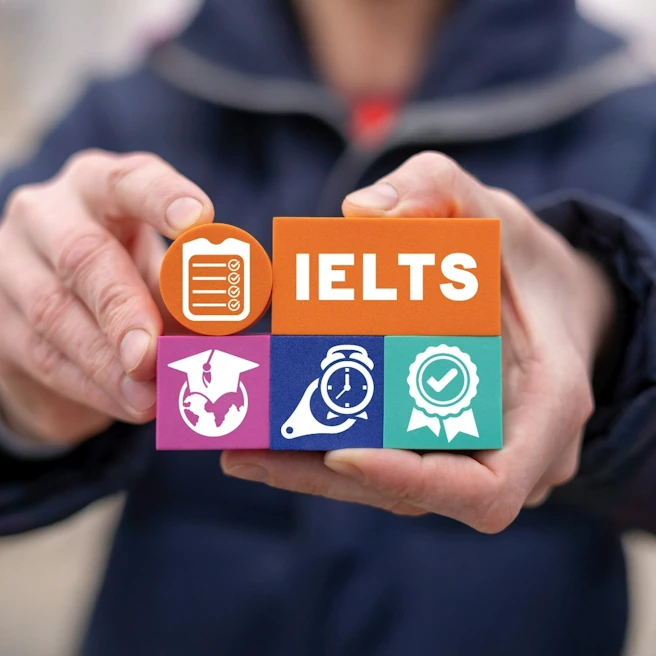 Visuel illustrant le test IELTS : validation académique, gestion du temps, reconnaissance internationale et test de compétences
