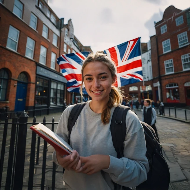 Étudiante française souriante avec un sac à dos et des livres, devant un drapeau britannique à Londres — illustration des études supérieures au Royaume-Uni après le bac.