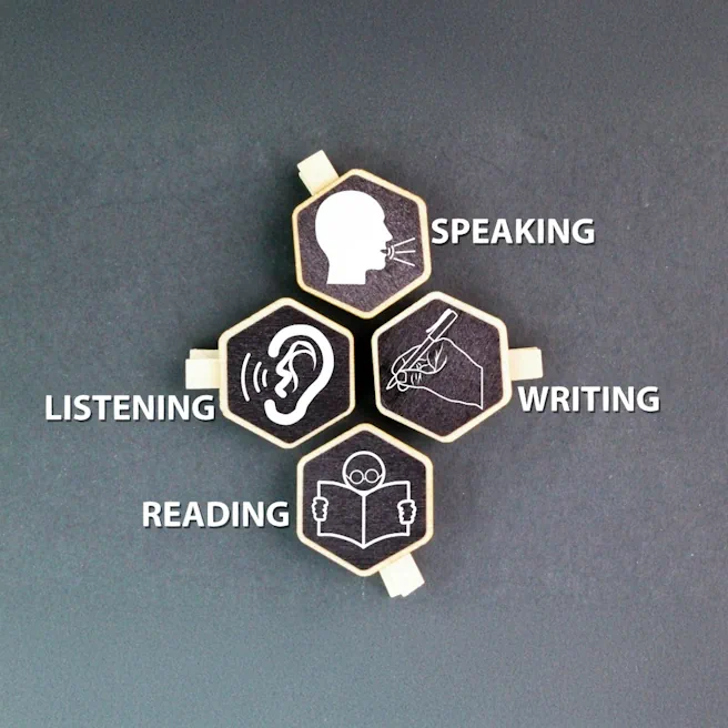 Les quatre compétences évaluées au test IELTS : Speaking, Listening, Reading, Writing, illustrées par des icônes.