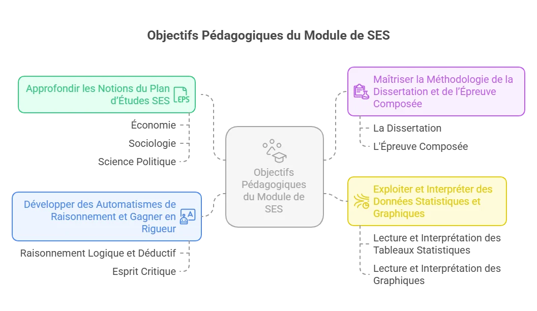 Schéma des objectifs pédagogiques du stage SES Première Toussaint à Ipécom Paris : approfondir les notions, maîtriser la méthodologie de la dissertation, exploiter des données statistiques et développer des automatismes de raisonnement.