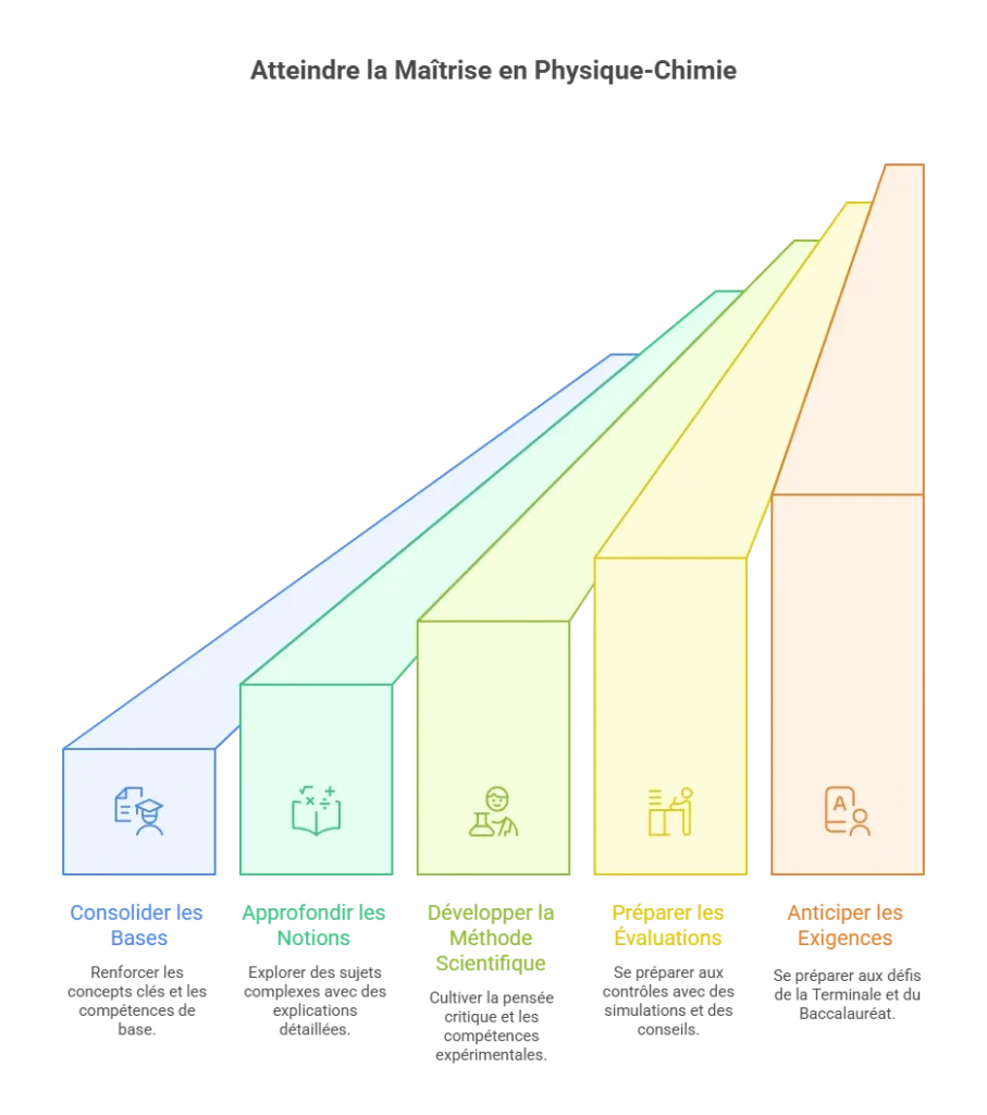 Graphique illustrant les objectifs pédagogiques du stage intensif de physique-chimie pour élèves de Première à la Toussaint : consolidation des bases, approfondissement des notions, développement des méthodes scientifiques et préparation aux évaluations et examens.