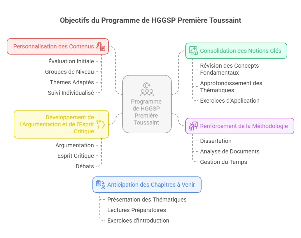 Schéma des objectifs du stage HGGSP Première Toussaint : personnalisation des contenus, consolidation des notions clés, méthodologie, argumentation et anticipation des chapitres