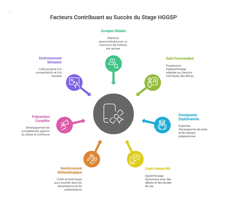 Infographie : facteurs contribuant au succès du stage HGGSP en Terminale – groupes réduits (8 élèves max), suivi personnalisé, enseignants expérimentés, cours interactifs, renforcement méthodologique, préparation complète et environnement stimulant.