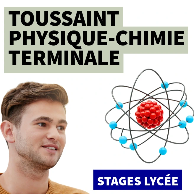 Visuel de stage de Toussaint en Physique-Chimie pour Terminale avec un élève et un modèle d’atome stylisé