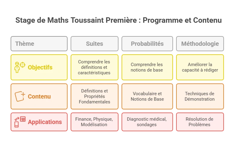 Tableau du programme du stage de maths Toussaint pour élèves de Première à Ipécom Paris : objectifs, contenus et applications en suites, probabilités et méthodologie.