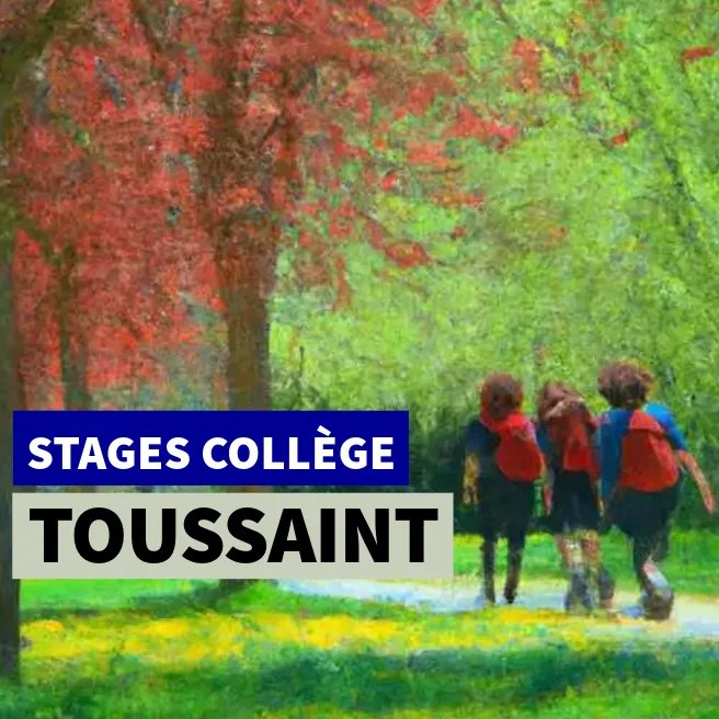 Trois collégiens avec sacs à dos rouges marchant dans un parc d’automne, illustration des stages de la Toussaint pour collégiens à Paris.