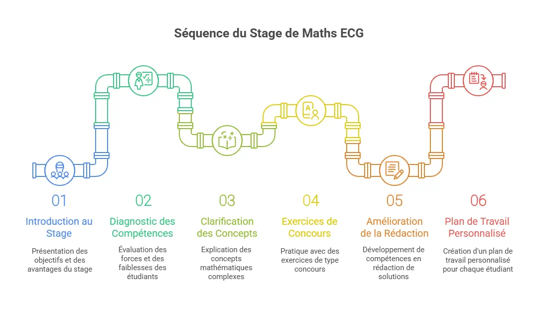 Infographie : séquence du stage de mathématiques ECG à la Toussaint – diagnostic, clarification des concepts, exercices type concours, amélioration de la rédaction, plan de travail personnalisé – Ipécom Paris