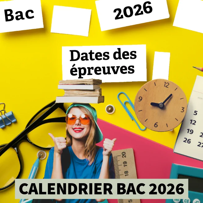 Illustration colorée pour le calendrier Bac 2026 avec horloge, calendrier, fournitures scolaires, et lycéenne souriante