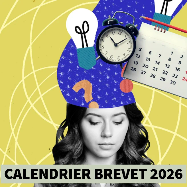 Illustration calendrier Brevet 2026 avec horloge, calendrier et élève concentrée