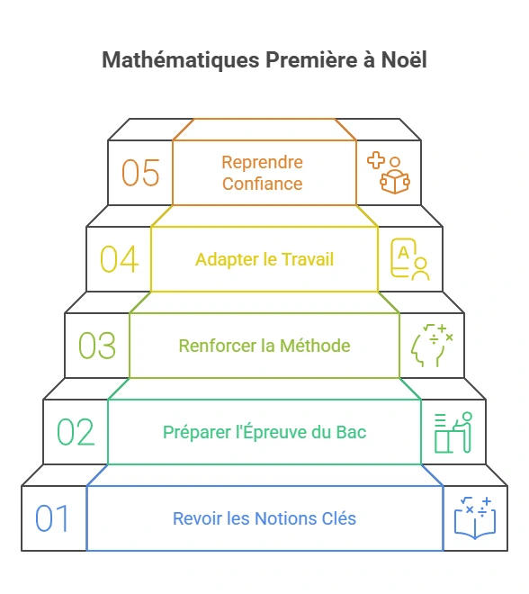 Schéma illustrant les cinq objectifs du stage de Noël en mathématiques Première à Ipécom Paris : revoir les notions clés, préparer l’épreuve du bac, renforcer la méthode, adapter le travail et reprendre confiance.