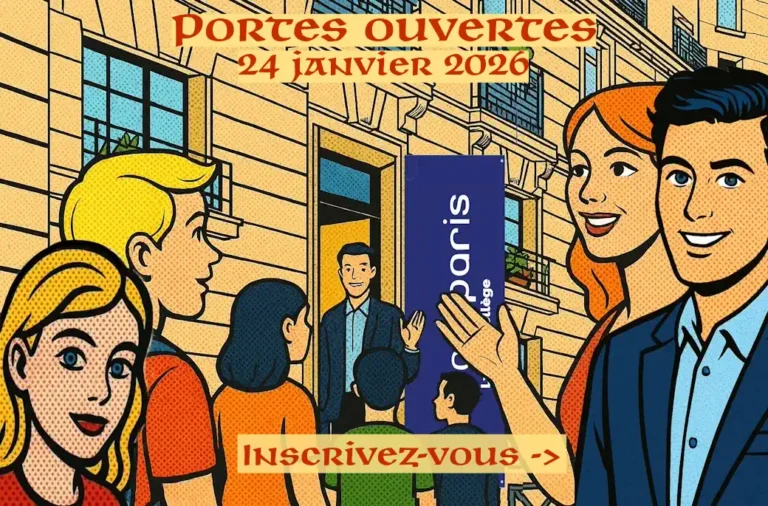 Illustration pop art des Portes Ouvertes 2026 à Ipécom Paris – accueil des familles et élèves.