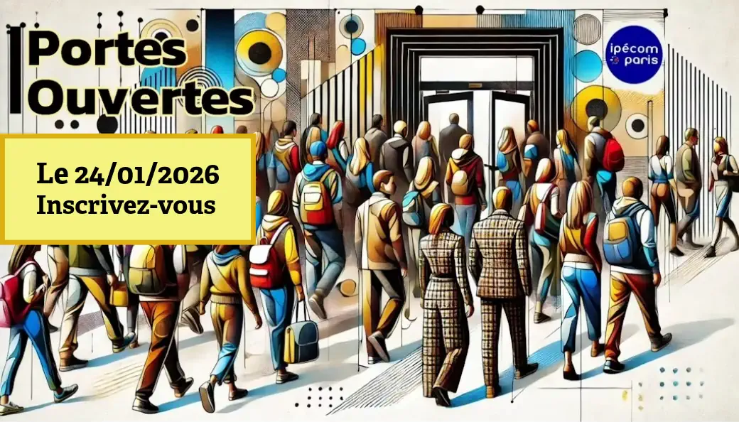 Affiche des Portes Ouvertes Ipécom Paris le 24 janvier 2026 avec des élèves entrant dans l’établissement
