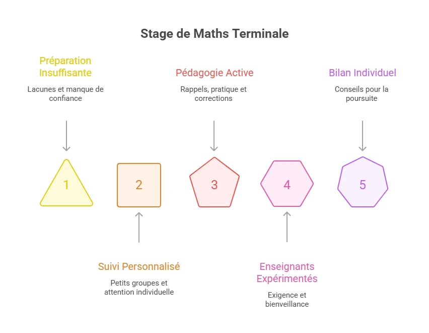 Schéma illustrant les étapes du stage de mathématiques Terminale à Ipécom Paris : préparation, suivi personnalisé, pédagogie active, enseignants expérimentés et bilan individuel.