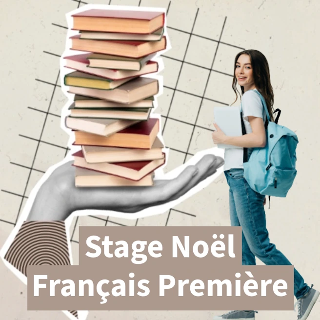 Lycéenne portant un sac à dos devant une pile de livres – Stage intensif de français Première à Noël, Ipécom Paris