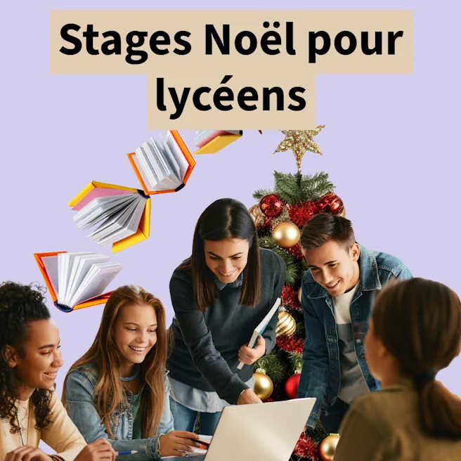 Groupe de lycéens souriants révisant ensemble devant un ordinateur, sapin de Noël en arrière-plan – Stages intensifs de Noël à Ipécom Paris