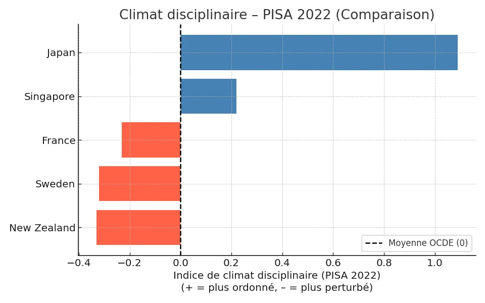 Graphique comparant l’indice de climat disciplinaire PISA 2022 pour la France, la Nouvelle-Zélande, la Suède, Singapour et le Japon, avec la moyenne OCDE au centre