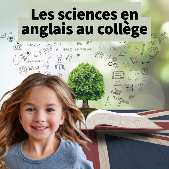 Élève du collège Ipécom Paris souriant devant un fond scientifique et un livre illustrant l’apprentissage des sciences en anglais.