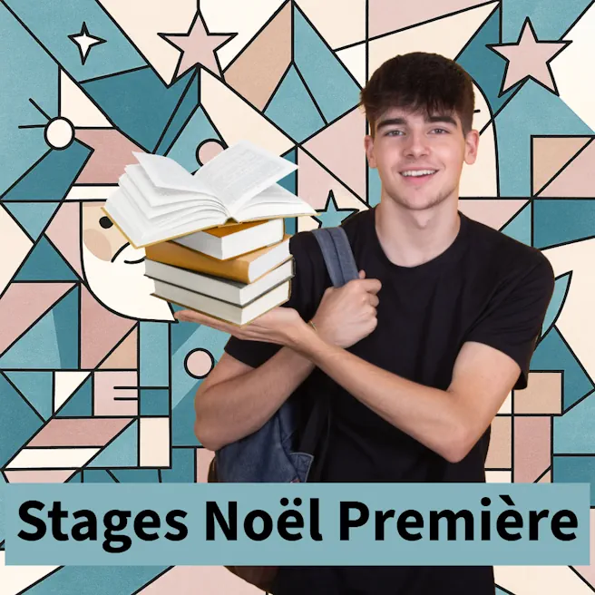 Élève de Première souriant portant des livres devant un fond géométrique coloré, illustrant les stages intensifs de Noël à Ipécom Paris.