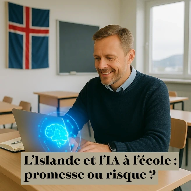 Un professeur islandais travaille sur un ordinateur portable dans une salle de classe, symbole du projet d’intégration de l’intelligence artificielle dans l’éducation.