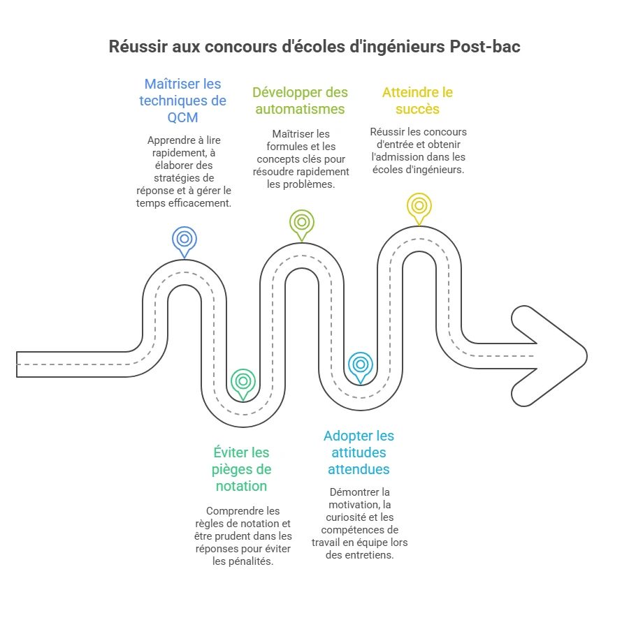 Schéma des étapes pour réussir les concours d’ingénieurs post-bac : maîtriser les QCM, développer des automatismes, éviter les pièges, adopter les attitudes attendues et atteindre l’admission.